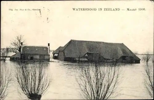 Ak Hontenisse Zeeland, Hochwasser März 1906, überschwemmter Hof