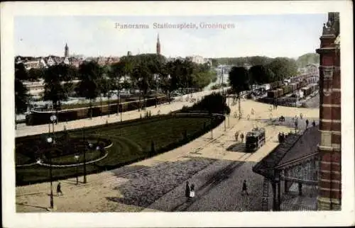 Ak Groningen, Panorama, Bahnhofsplatz