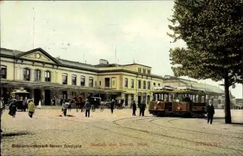 Ak Utrecht Niederlande, Bahnhof mit elektr. Straßenbahn