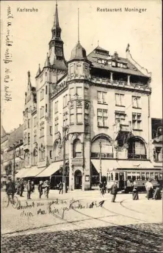 Ak Karlsruhe in Baden Württemberg, Restaurant Moninger, Straßenbahn