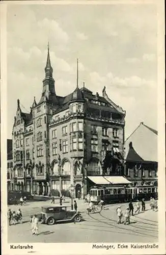 Ak Karlsruhe in Baden, Moninger, Ecke Kaiserstraße, Straßenbahn