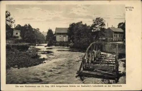 Ak Weida in Thüringen, Hochwasser am 15. August 1924, Brücke, Lederfabrik