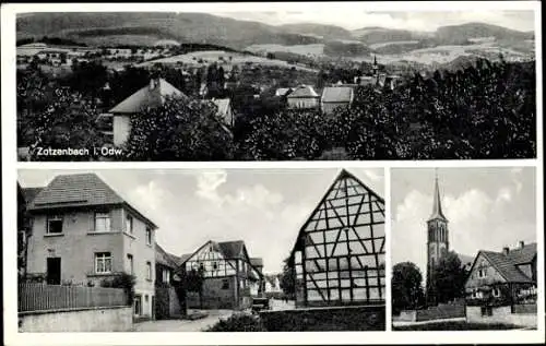 Ak Zotzenbach Rimbach im Odenwald, Gesamtansicht, Fachwerkhaus, Kirche