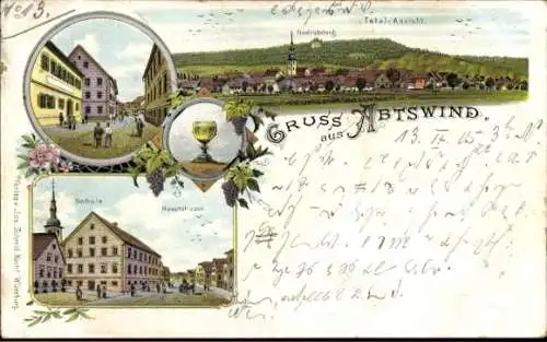 Litho Abtswind Unterfranken, Hauptstraße, Schule, Totalansicht