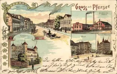 Litho Pfersee Augsburg in Schwaben, Hauptstraße, Weberei, Post, Krankenhaus