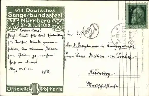 Künstler Ak Bankel, Nürnberg in Mittelfranken, 8. Deutsches Sängerbundesfest 1912