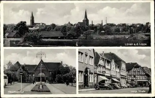 Ak Lünen in Westfalen, Lange Straße, Hauptbahnhof Front, Gesamtansicht