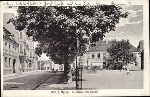 Ak Burg bei Magdeburg, Paradeplatz, Roland, Hotel