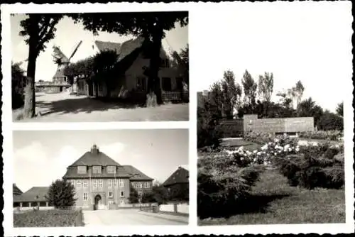 Ak Marne in Holstein Dithmarschen, Windmühle Fecht, Gymnasium, Goetheplatz, Denkmal