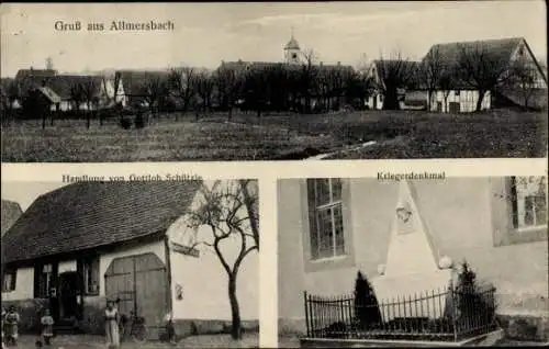 Ak Allmersbach im Tal, Teilansicht, Geschäftshaus Gottlob Schützle, Kriegerdenkmal