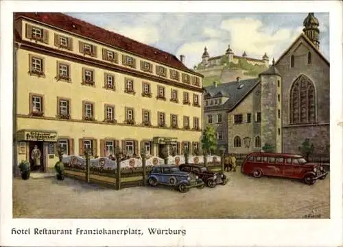 Künstler Ak Würzburg am Main Unterfranken, Hotel Weinhandlung Franziskaner, Bes. A. Englert