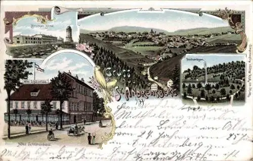 Litho St. Andreasberg Braunlage im Harz, Hotel Schützenhaus, Brockenhotel, Teich