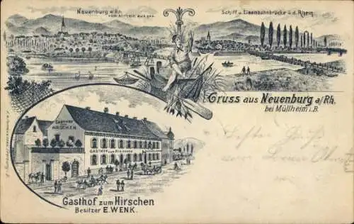 Litho Neuenburg am Rhein Baden, Stadtansicht, Gasthof zum Hirschen