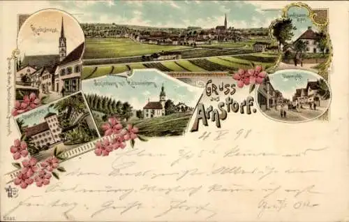 Litho Arnstorf in Niederbayern, Gesamtansicht, Schlerburg, Oberschloss, Kirchstraße