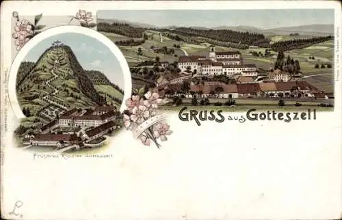 Litho Gotteszell in Niederbayern, Gesamtansicht, Früheres Kloster