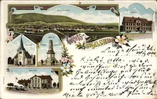 Litho Langelsheim am Harz, Kirche, Kriegerdenkmal, Bahnhof, Schule