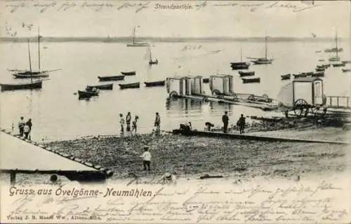 Ak Hamburg Altona Neumühlen Oevelgönne, Strand an der Elbe, Boote, Badewagen