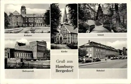 Ak Hamburg Bergedorf, Rathaus, Schloss, Bahnhof, Kirche, Badeanstalt