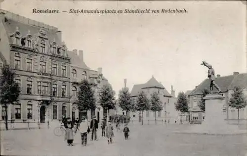 Ak Roeselare Roeselaere Rousselare Roulers Westflandern, Sint-Amandusplaats, Statue van Rodenbach