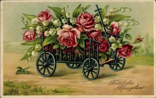 Präge Ak Glückwunsch Pfingsten, Ziehwagen mit Blumen