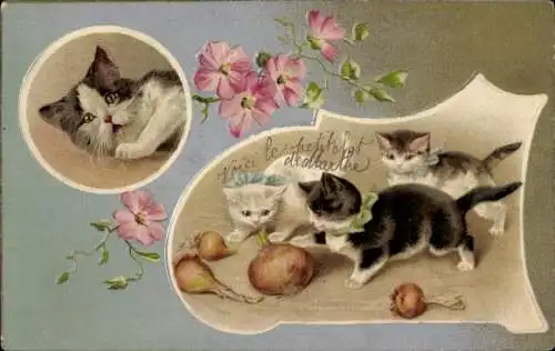 Präge Litho Junge Katzen, Zwiebeln, Blütenranke