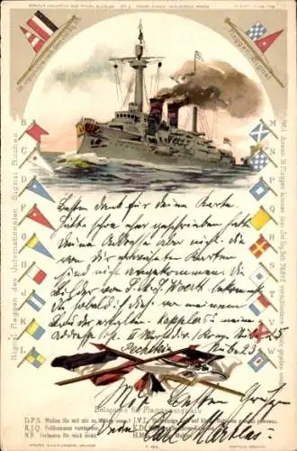 Litho Deutsches Kriegsschiff, Flaggensignale, Internationales Signal Buch, Kaiserliche Marine