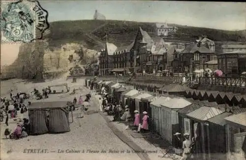 Ak Étretat Seine Maritime, Strand, Cabines a l'heure des Bains, Cote d'amont