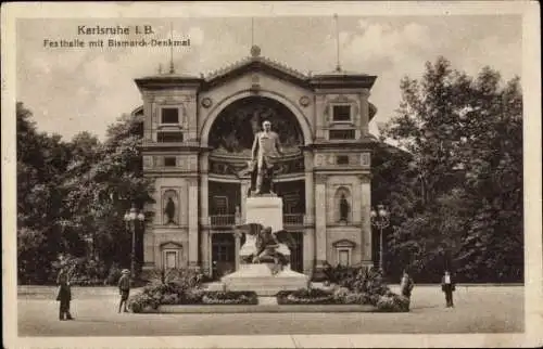 Ak Karlsruhe in Baden, Festhalle, Bismarck-Denkmal