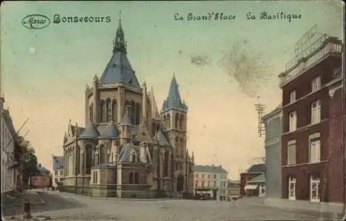 Ak Bonsecours Seine Maritime, Basilika, Marktplatz