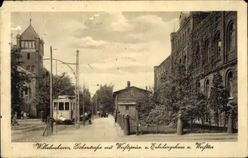 Ak Wilhelmshaven, Gökerstraße, Werft, Werfttor, Speisehaus und Erholungshaus, Straßenbahn