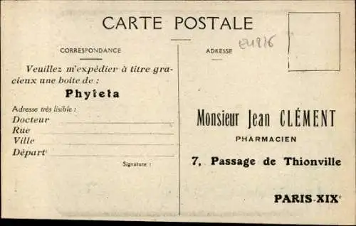 Ak Paris XIX, Pharmacien Jean Clement, Phyteta