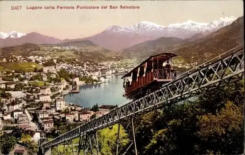 Ak Lugano Kanton Tessin, Monte San Salvatore, Zahnradbahn in Fahrt