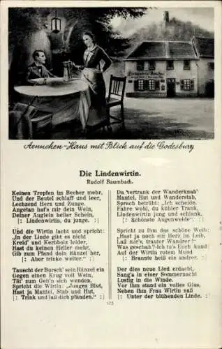 Ak Bad Godesberg Bonn am Rhein, Godesburg, Gedicht Die Lindenwirtin, Ännechen-Haus