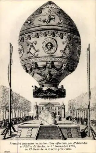 Ak Premiere ascension en ballon libre, d'Arlandes et Pilatre de Rozier, 1783, Chateau de la Muette