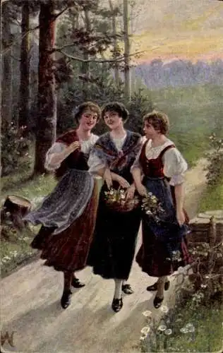 Künstler Ak Der Liebe entgegen, Drei Frauen in Volkstracht, Wald, Blumenkorb