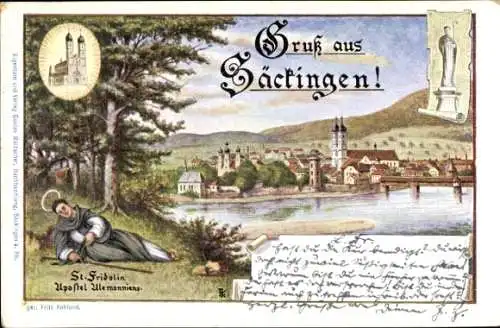 Litho Bad Säckingen am Hochrhein, Gesamtansicht, St. Fridolin, Apostel Alemanniens