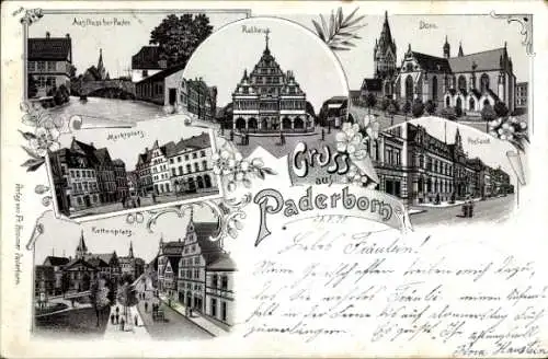 Litho Paderborn in Westfalen, Dom, Rathaus, Marktplatz, Postamt