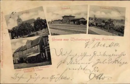 Ak Weferlingen in Sachsen Anhalt, Hotel Kronprinz von Preußen, Bahnhof, Kirche