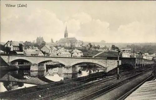 Ak Villmar an der Lahn Hessen, Gesamtansicht, Brücke, Bahnschienen