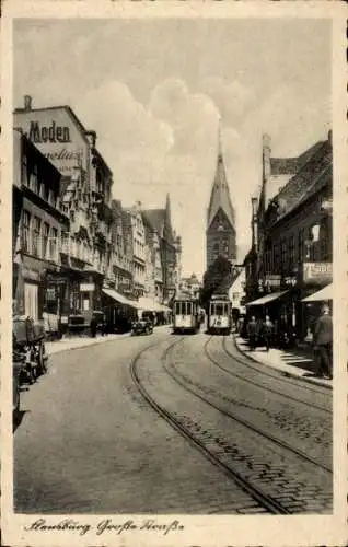 Ak Flensburg in Schleswig Holstein, Große Straße, Kirche, Geschäfte, Straßenbahnen