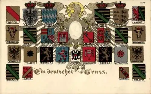 Präge Wappen Ak Ein deutscher Gruß, Kaiser Wilhelm II., Anhalt, Sachsen, Hamburg, Bayern