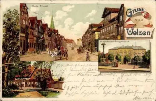 Litho Uelzen in Niedersachsen, Gudestraße, Kriegerdenkmal, Realgymnasium, Fischerhof