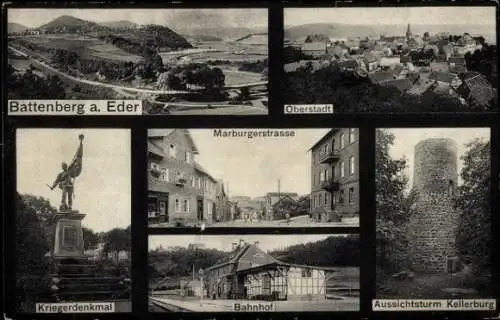 Ak Battenberg a. Eder, Marburgerstraße, Bahnhof, Aussichtsturm Kellerburg