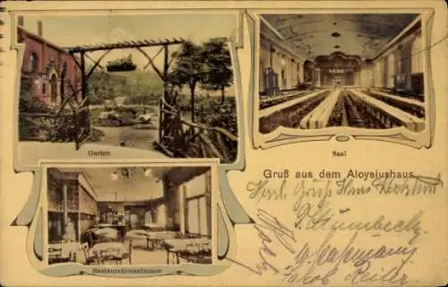 Ak Duisburg im Ruhrgebiet, Aloysiushaus, Restaurationszimmer, Garten, Saal