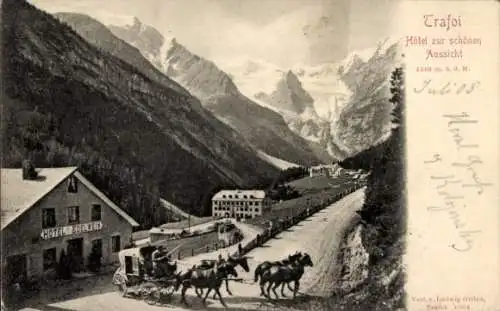 Ak Trafoi Stilfs Stelvio Südtirol, Hotel zur schönen Aussicht, Hotel Edelweß, Postkutsche