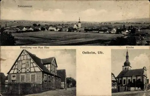 Ak Ostheim vor der Rhön Unterfranken, Gesamtansicht, Handlung von Max Hau, Kirche