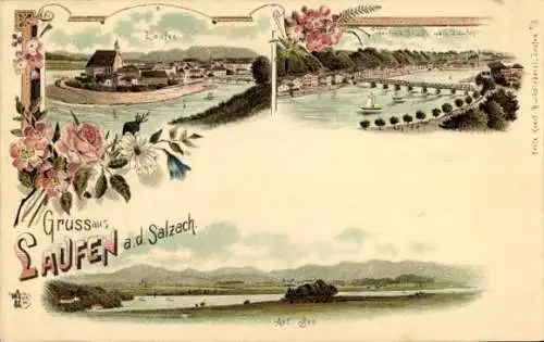 Litho Laufen an der Salzach Oberbayern, Panorama, Brücke, See