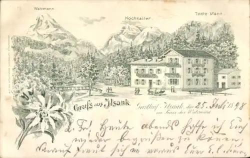 Litho Ilsank Bischofswiesen Oberbayern, Gasthof Ilsank, Watzmann, Hochkalter