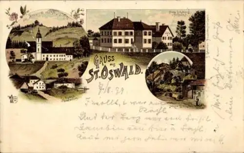 Litho Sankt Oswald in Niederbayern, Brauerei, neues Schulhaus