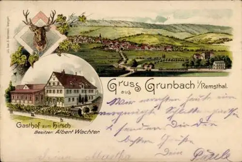 Litho Grunbach Remshalden im Rems Murr Kreis, Gasthof zum Hirsch, Bes. Albert Wachter, Jagdtrophäe